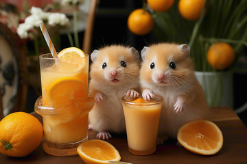Tiny hamsters happily lapping up milk, with a lively orange background enhancing their cuteness. - obrazy, fototapety, plakaty