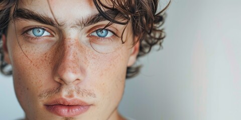 Obraz premium Close-Up Portrait of a Young Man with Blue Eyes and Freckles