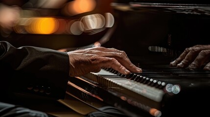Elegant Pianist's Hands on Grand Piano Amidst Warm Bokeh Lights