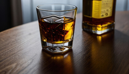Glass with whiskey on a wooden table