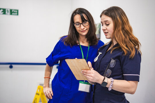 Doctor discussing over medical document with nurse in hospital