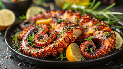 Grilled octopus on black plate. Traditional Mediterranean dish - obrazy, fototapety, plakaty