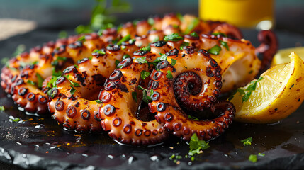 Grilled octopus on black plate. Traditional Mediterranean dish