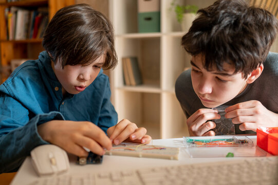 Boy adjusting micro controller near brother at home