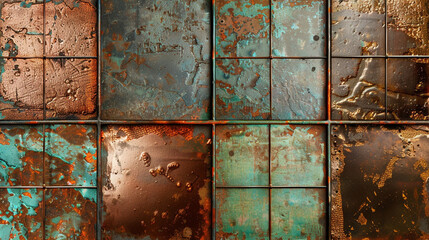Rusted metal set in copper tones, framed by rustic grids for antique store branding.