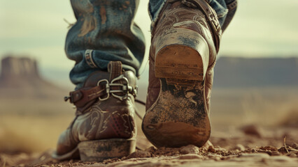 Close-up of weathered cowboy boots in a dusty desert landscape