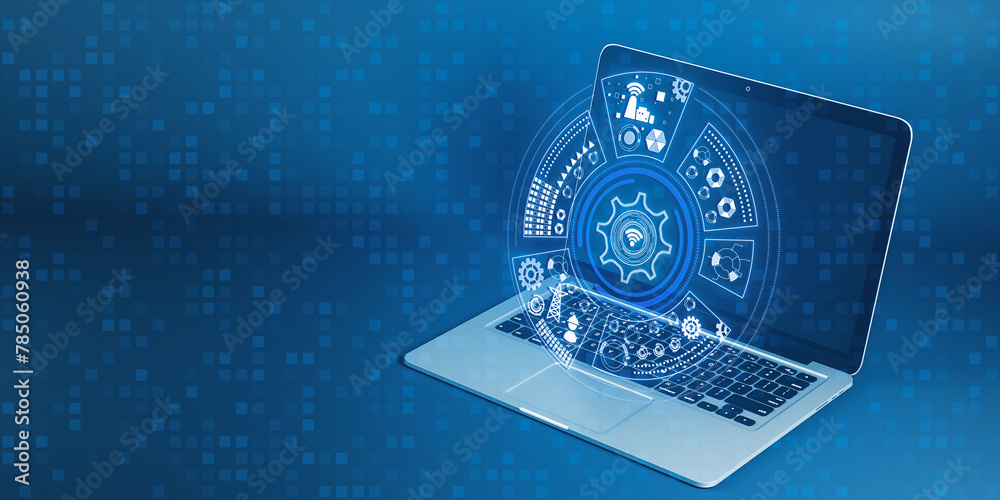 Poster close up of laptop with round digital cogwheel and other icons hologram on blue background. tech sup