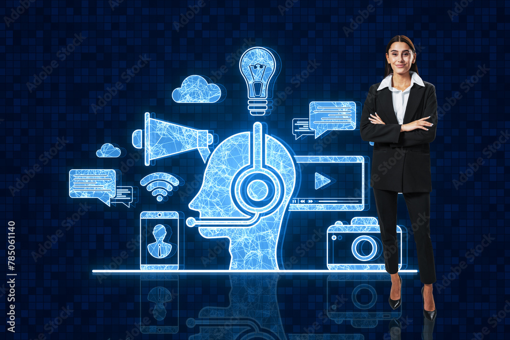 Poster happy young businesswoman with folded arms and creative robot chat gpt hologram on tech blue backgro
