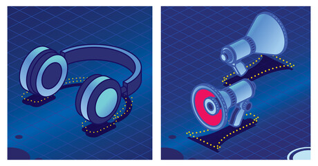 Headphones on Blue background. Illustration. Isometric Icon. Megaphone or Horn Loudspeaker.