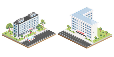 Isometric building of hospital. Icon or infographic element. City clinic. Architectural symbol isolated on white background. Green trees with people. Ambulance on road.