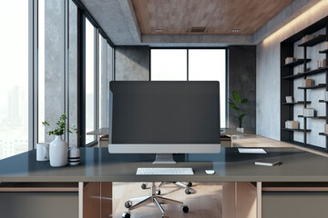 Close up of empty mock up computer monitor in modern office interior with windows and city view, bookcase and other items. 3D Rendering.