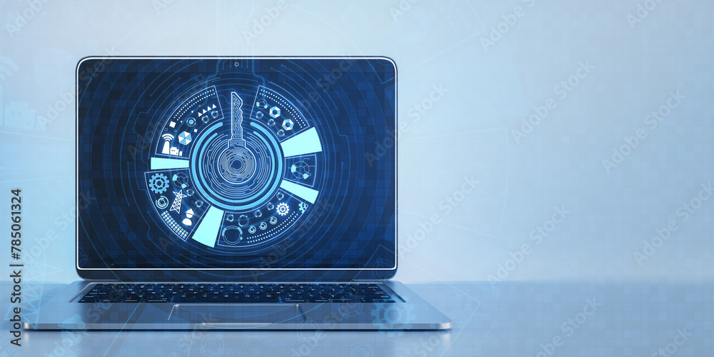 Poster laptop with creative round digital key hologram on blue background with mock up place. Concept of cyber security or private key, abstract digital key with technology interface. 3D Rendering.