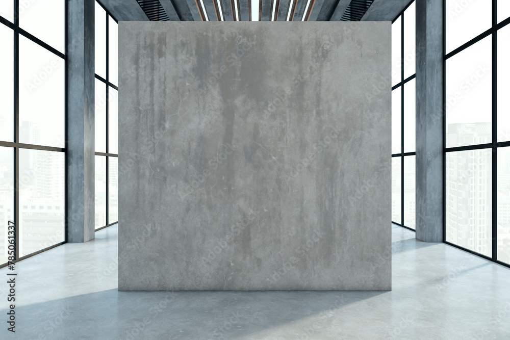 Aufkleber modern empty spacious interior with panoramic windows and city view, mock up place on wall. 3d rende