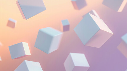 Soft peach sunrise ambiance with 3D cubes casting shadows.