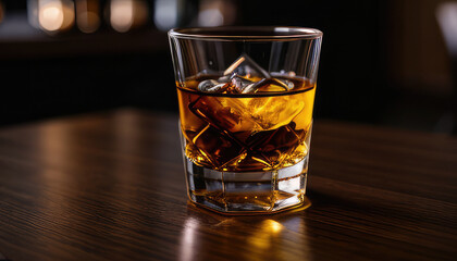Glass with whiskey on a wooden table