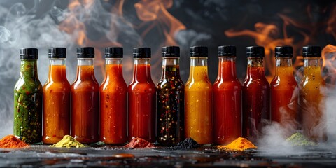 Vibrant Collection of Spicy Hot Sauces Amid Rising Smoke Hinting at Intense Flavors