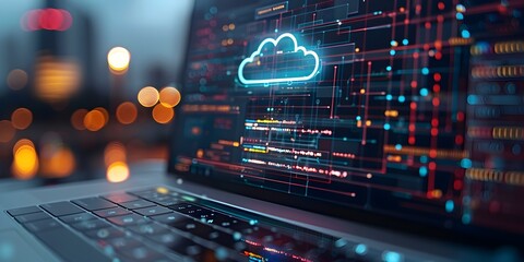 A close up view of a cloud computing interface on a laptop screen showcasing the process of uploading files to remote servers with ample space for