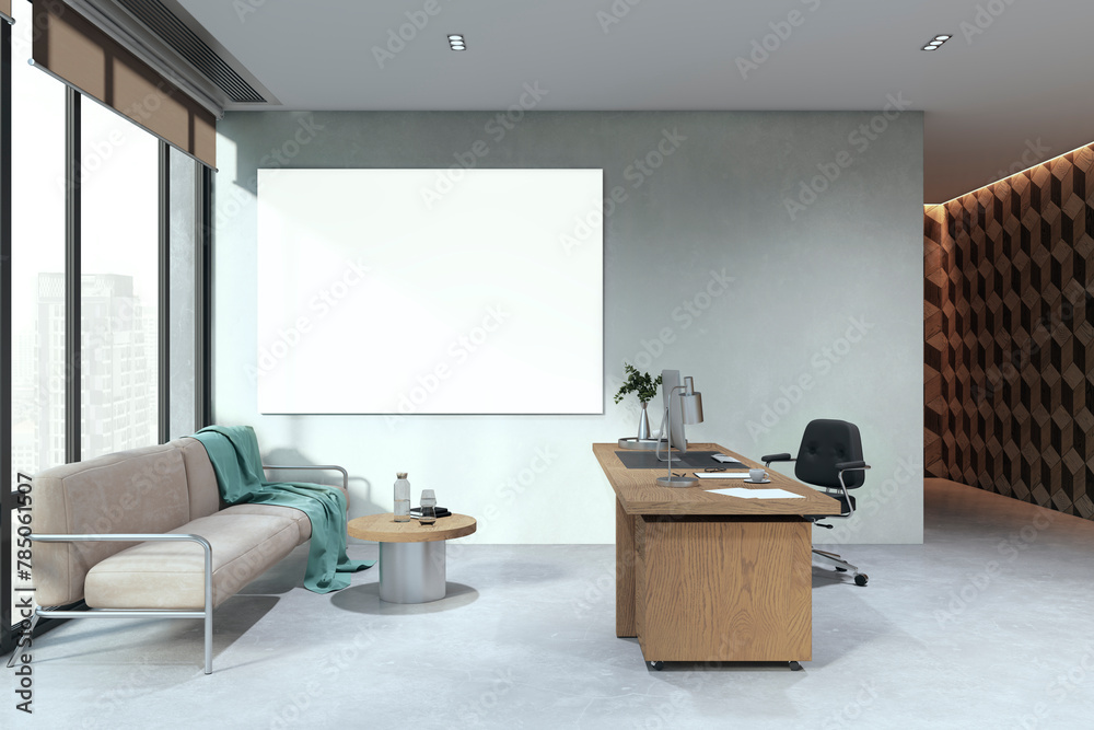 Poster modern wooden and concrete home office interior with empty white mock up banner, panoramic windows, 