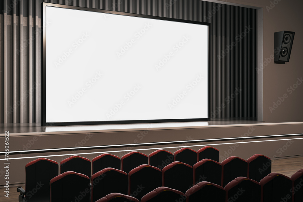 Poster Modern cinema hall with comfortable red seats facing a large blank screen. 3D Rendering