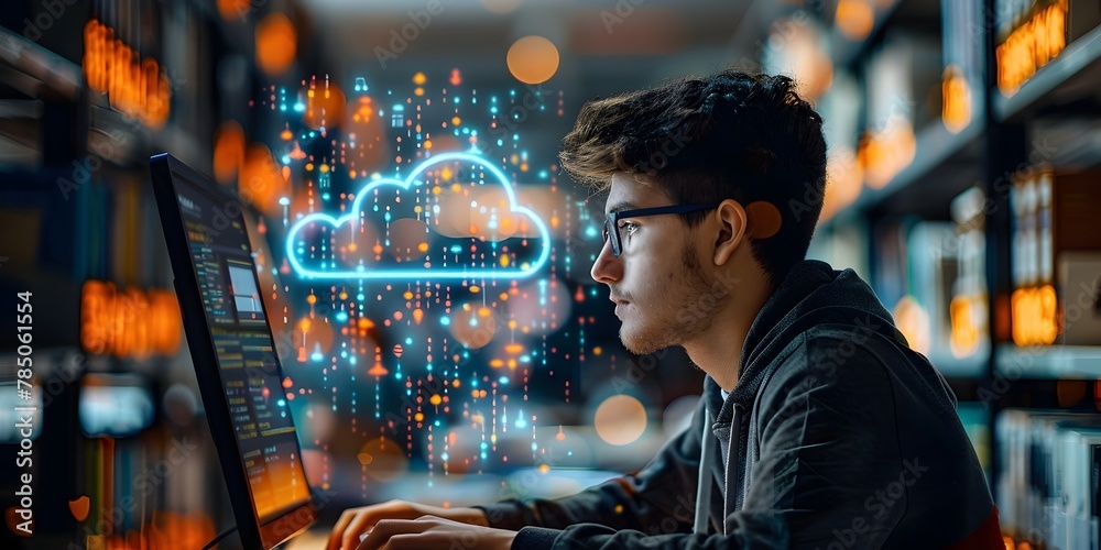 Poster student accessing cloud based educational resources on library computer symbolizing the impact of cl