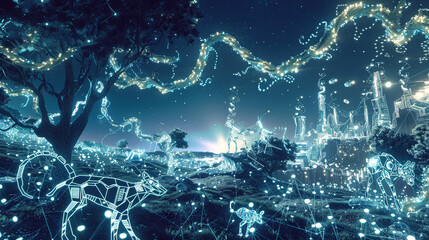 Midnight blue digital landscape with neon flora and geometric circuit fauna.