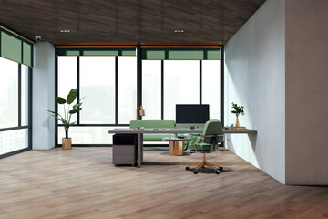 Luxury wooden and concrete home office interior with panoramic windows, workplace and couch. 3D Rendering.