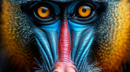 Closeup of a colourful mandrill face - obrazy, fototapety, plakaty