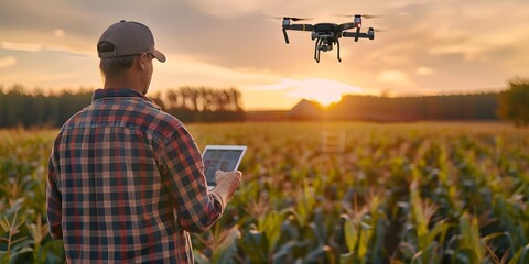 Farmer Utilizing Drone Technology to Monitor Cornfield Efficiently for Optimized Crop Growth and Health