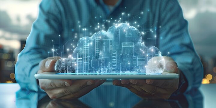 Construction Manager Overseeing Project with Tablet and Cloud based Data