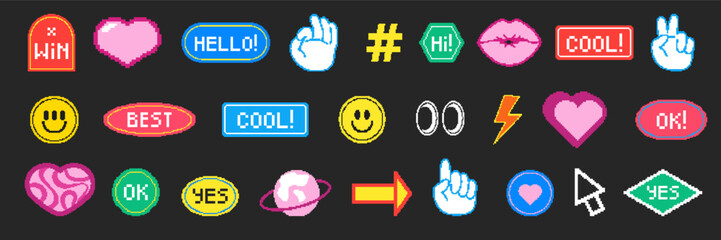 Set of retro stickers in groovy style. Pixel art illustration. Smiley face, hashtag, heart, lightning bolt, arrow pointer. Vector y2k illustration