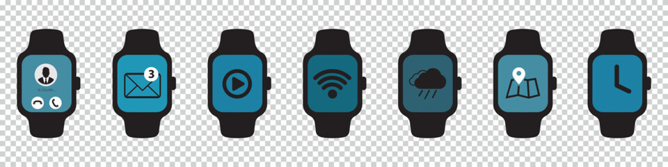 Smart Watch Icon Set - Different Vector Illustrations - Isolated On Transparent Background