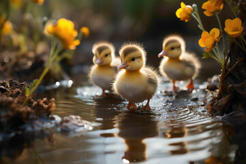 Tiny ducklings waddling through a garden pond, their adorable interactions with nature beautifully documented in HD. - obrazy, fototapety, plakaty