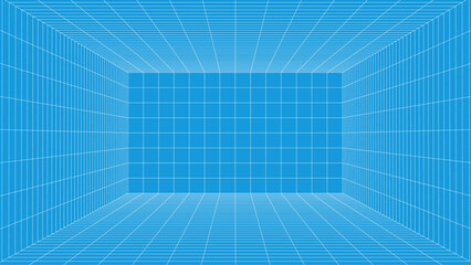 3d wireframe room. Perspective laser grid. A template for interior design in perspective. Cyberspace blue background with white mesh.