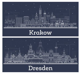 Outline Dresden Germany and Krakow Poland City Skyline set with White Buildings. Cityscape with Landmarks.