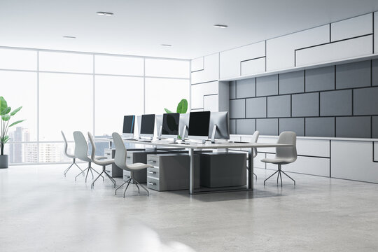 Modern office with glass partitions, white furniture, and a city skyline backdrop. 3D Rendering