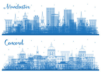 Outline Concord and Manchester New Hampshire City Skyline set with Blue Buildings. Business Travel and Tourism Concept with Modern Architecture. Cityscape with Landmarks.