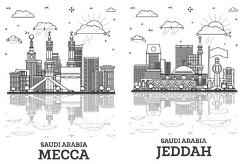 Outline Jeddah and Mecca Saudi Arabia city skyline set with modern buildings and reflections isolated on white. Cityscape with landmarks.