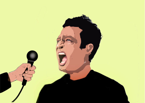 Displeased man screaming against microphone in media interview