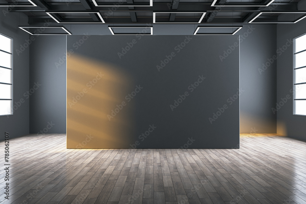 Poster modern empty gallery interior with mock up place on dark wall, wooden, flooring and windows with day