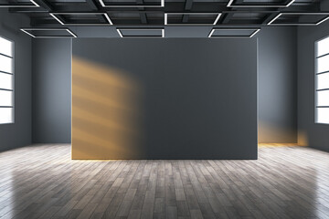 Naklejka premium Modern empty gallery interior with mock up place on dark wall, wooden, flooring and windows with daylight. 3D Rendering.