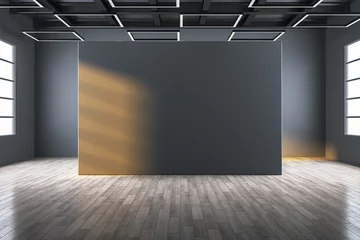 Foto op Aluminium Modern empty gallery interior with mock up place on dark wall, wooden, flooring and windows with daylight. 3D Rendering. © Who is Danny