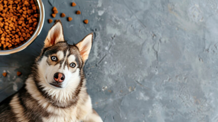 Top view of a cute husky dog lying next to a bowl of dry food on a gray background.