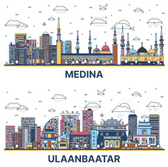 Outline Ulaanbaatar Mongolia and Medina Saudi Arabia City Skyline set with Colored Modern and Historic Buildings Isolated on White. Cityscape with Landmarks. - 785062123