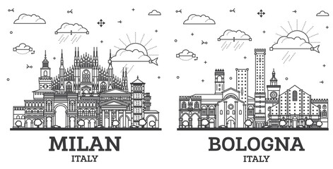 Outline Bologna and Milan Italy City Skyline set with Historic Buildings Isolated on White. Cityscape with Landmarks.
