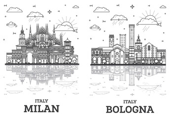Outline Bologna and Milan Italy City Skyline set with Historic Buildings and Reflections Isolated on White. Cityscape with Landmarks. - 785062165