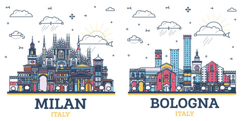 Outline Bologna and Milan Italy City Skyline set with Colored Historic Buildings Isolated on White. Cityscape with Landmarks.