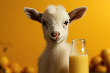 Tiny baby goat enjoying a bottle of milk against a sunny yellow backdrop, radiating innocence and warmth. - obrazy, fototapety, plakaty