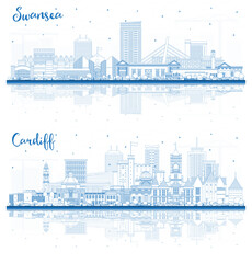 Outline Cardiff and Swansea Wales City Skyline set with Blue Buildings and reflections. Cityscape with Landmarks.