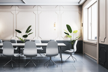 Contemporary classic meeting room interior with furniture, window and city view. 3D Rendering.