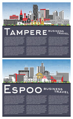 Espoo and Tampere Finland city skyline set with color buildings, blue sky and copy space. Cityscape with landmarks.